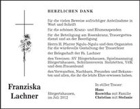 Traueranzeige Franziska Lachner