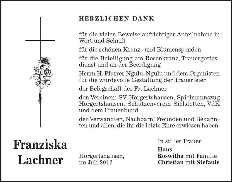 Traueranzeige Franziska Lachner