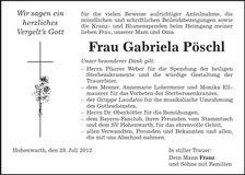 Traueranzeige Gabriela Pöschl