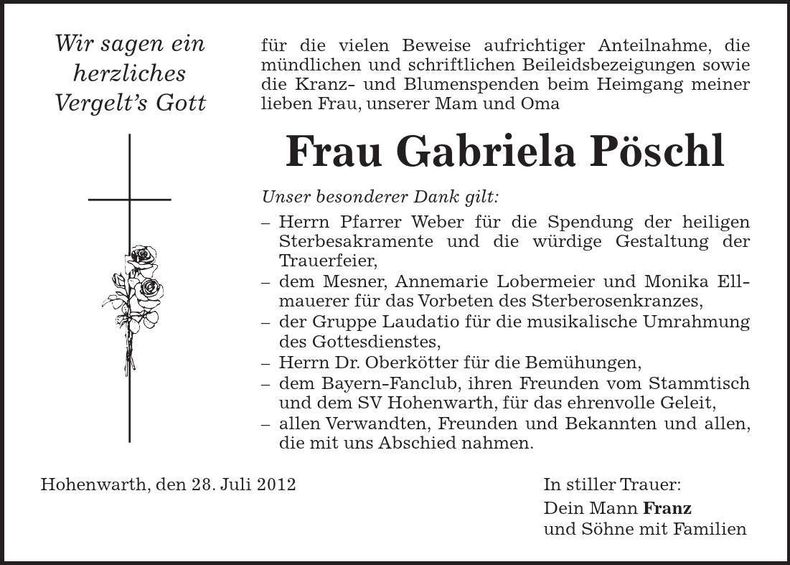 Traueranzeige Gabriela Pöschl