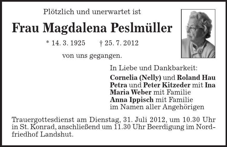 Traueranzeige Magdalena Peslmüller
