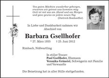 Traueranzeige Barbara Gsellhofer