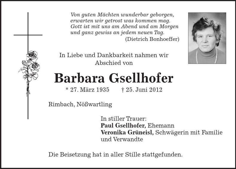 Traueranzeige Barbara Gsellhofer