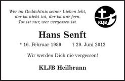 Traueranzeige Hans Senft