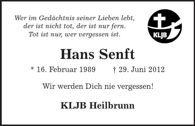 Traueranzeige Hans Senft