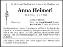 Traueranzeige Anna Heimerl