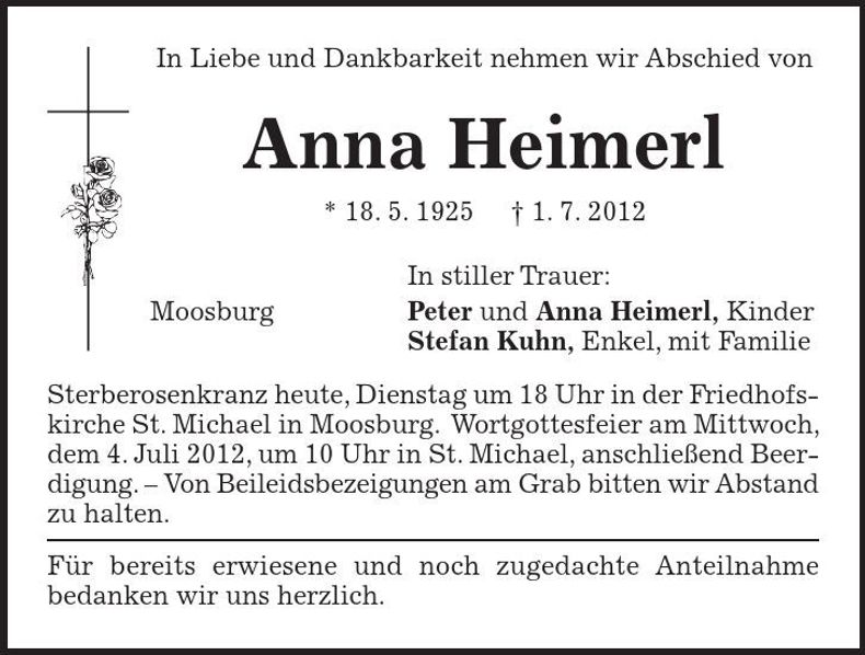 Traueranzeige Anna Heimerl