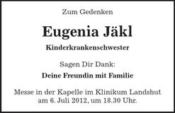 Traueranzeige Eugenia Jäkl