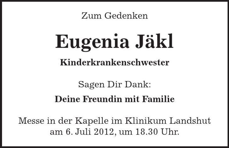 Traueranzeige Eugenia Jäkl