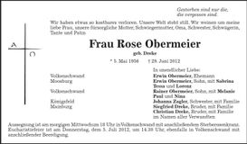 Traueranzeige Rose Obermeier
