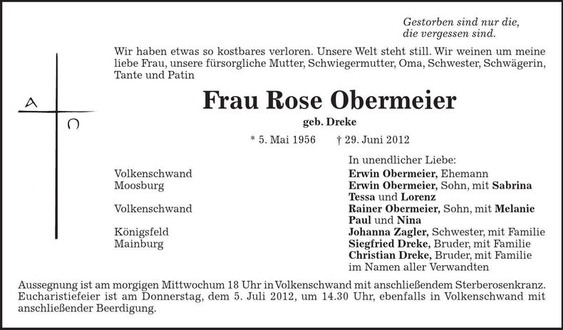 Traueranzeige Rose Obermeier