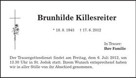 Traueranzeige Brunhilde Killesreiter