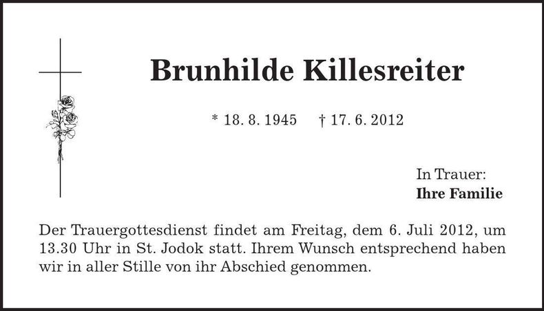 Traueranzeige Brunhilde Killesreiter