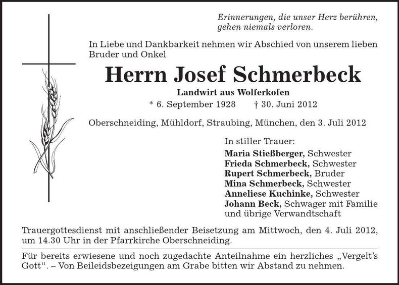 Traueranzeige Josef Schmerbeck