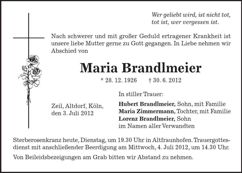 Traueranzeige Maria Brandlmeier