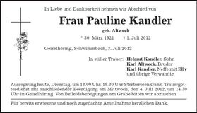 Traueranzeige Pauline Kandler