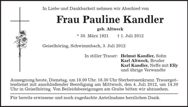 Traueranzeige Pauline Kandler