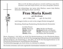 Traueranzeige Maria Knott