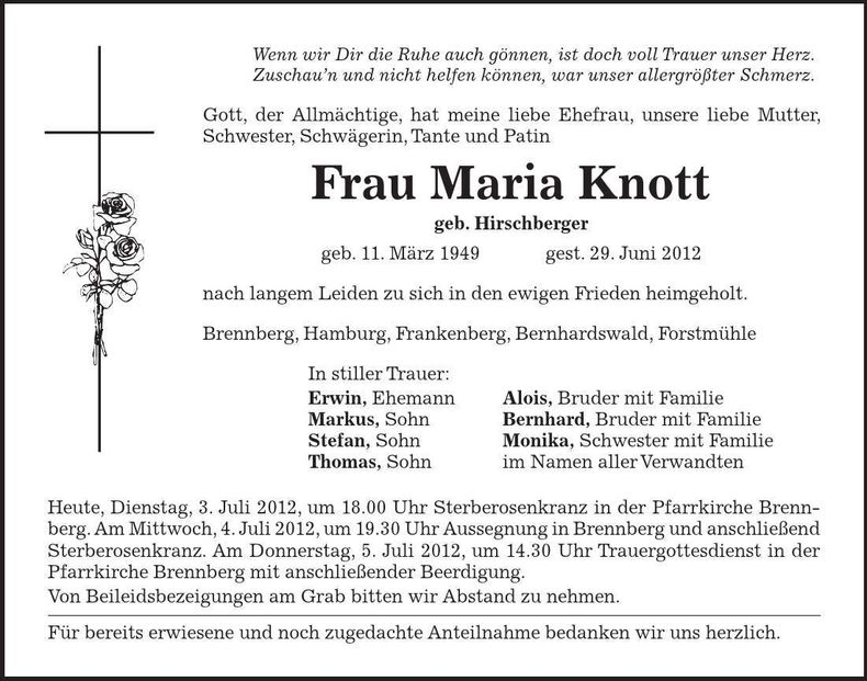 Traueranzeige Maria Knott