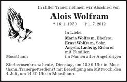 Traueranzeige Alois Wolfram