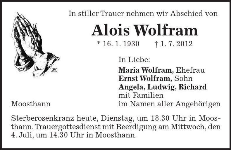 Traueranzeige Alois Wolfram