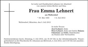 Traueranzeige Emma Lehnert