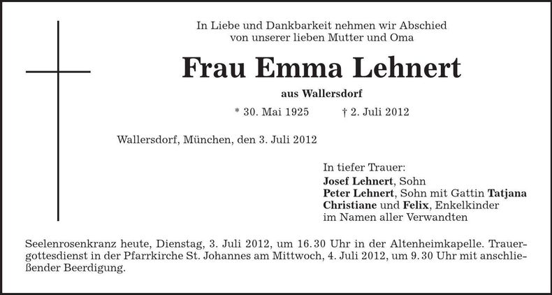 Traueranzeige Emma Lehnert