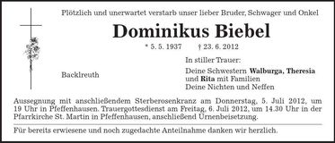 Traueranzeige Dominikus Biebel