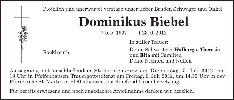 Traueranzeige Dominikus Biebel