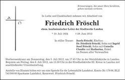 Traueranzeige Friedrich Fröschl