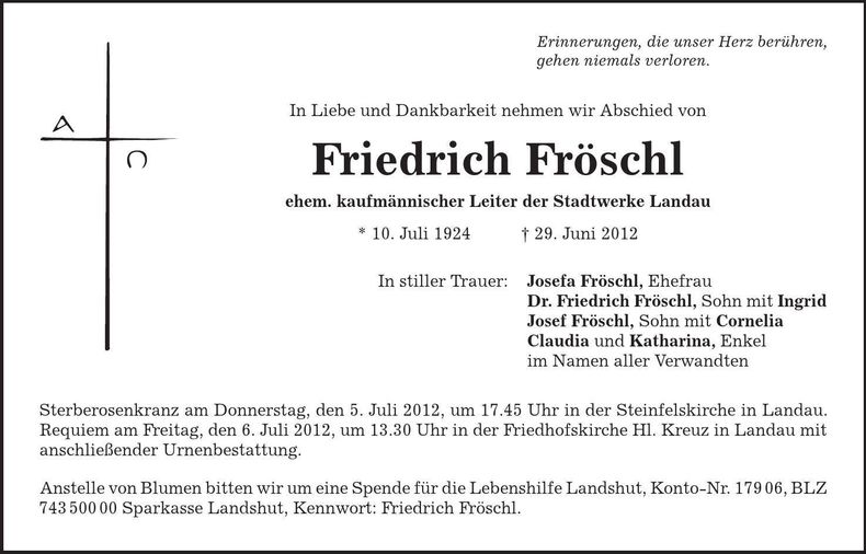 Traueranzeige Friedrich Fröschl
