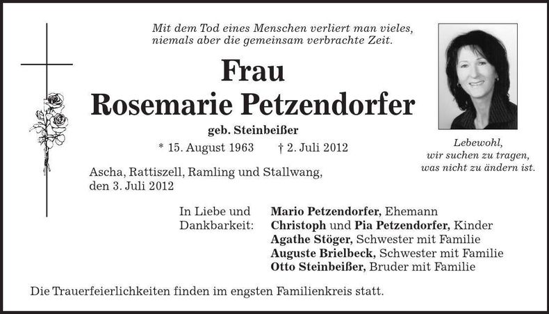 Traueranzeige Rosemarie Petzendorfer