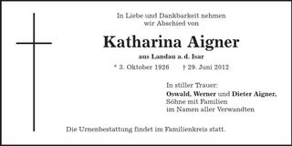 Traueranzeige Katharina Aigner