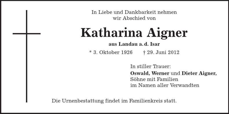 Traueranzeige Katharina Aigner