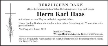 Traueranzeige Karl Haas