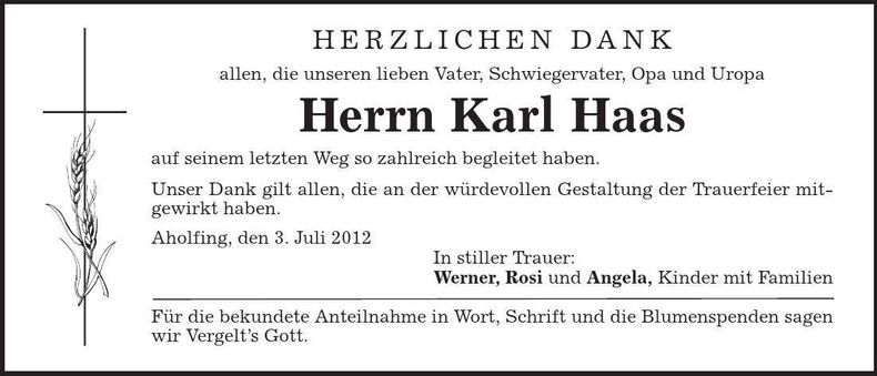 Traueranzeige Karl Haas