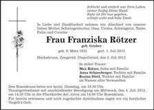 Traueranzeige Franziska Rötzer