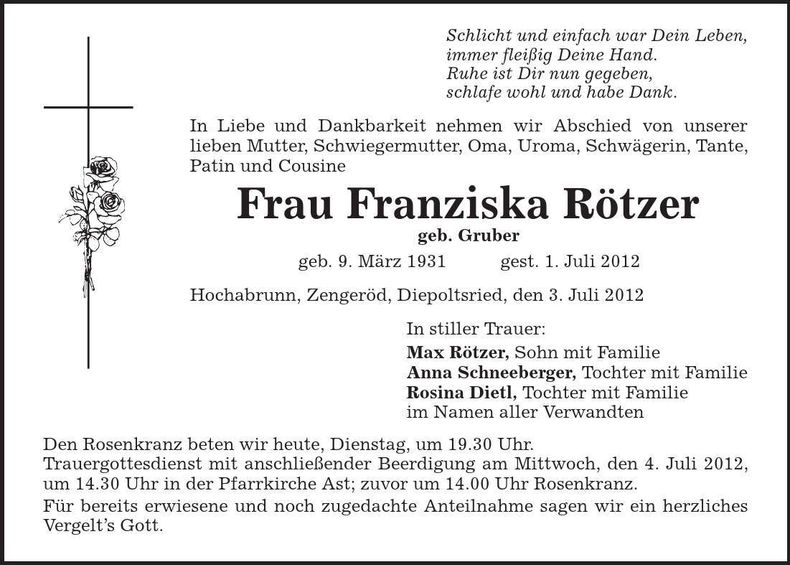 Traueranzeige Franziska Rötzer