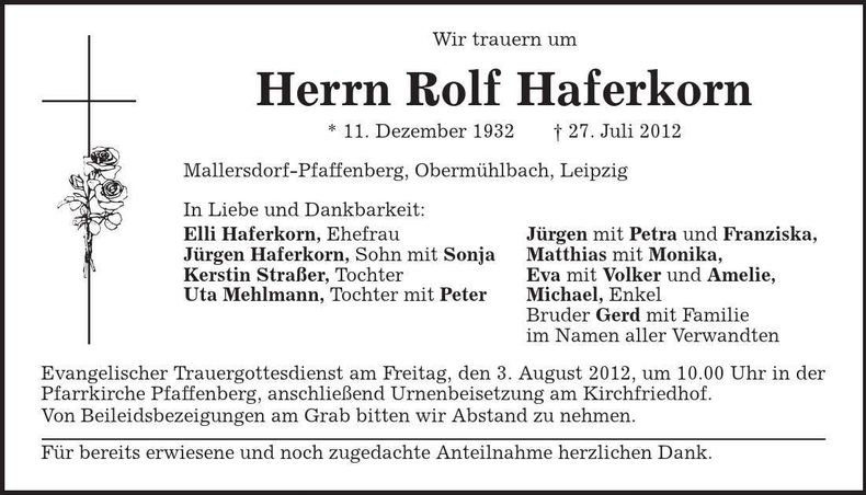 Traueranzeige Rolf Haferkorn