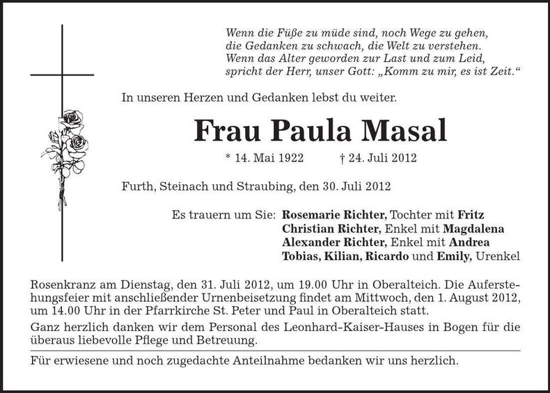 Traueranzeige Paula Masal