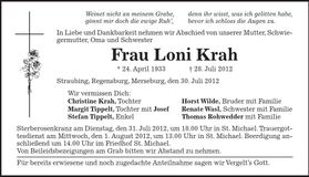 Traueranzeige Loni Krah