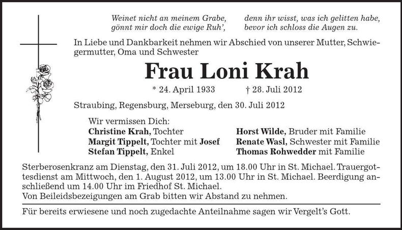 Traueranzeige Loni Krah