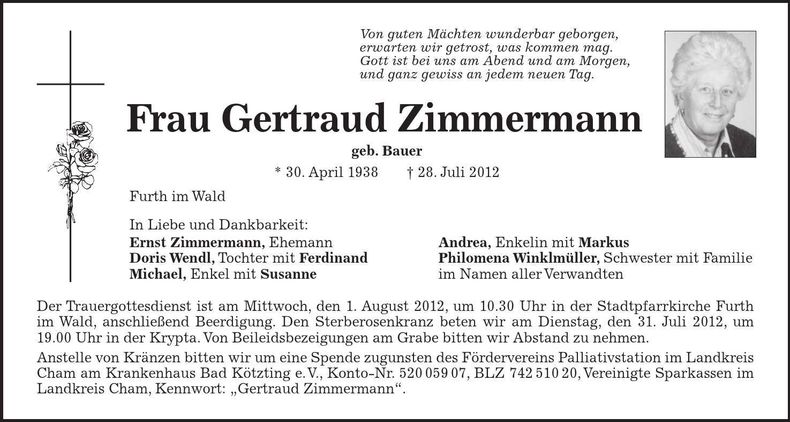Traueranzeige Gertraud Zimmermann