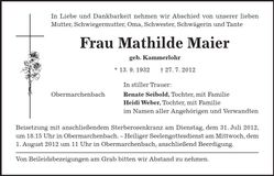 Traueranzeige Mathilde Maier