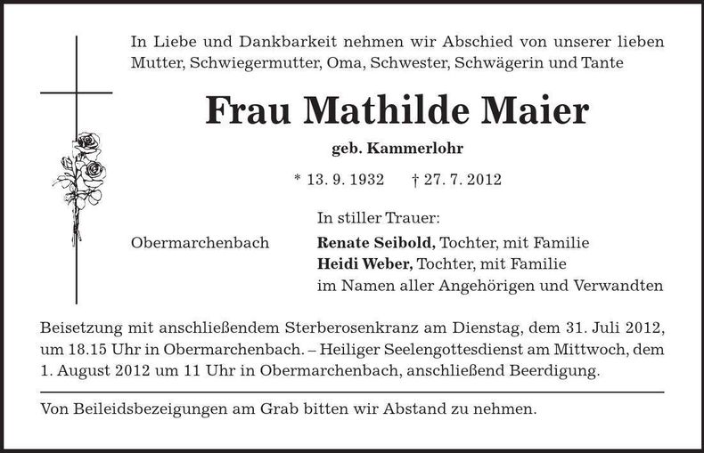 Traueranzeige Mathilde Maier