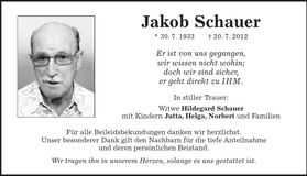 Traueranzeige Jakob Schauer