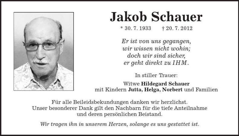 Traueranzeige Jakob Schauer