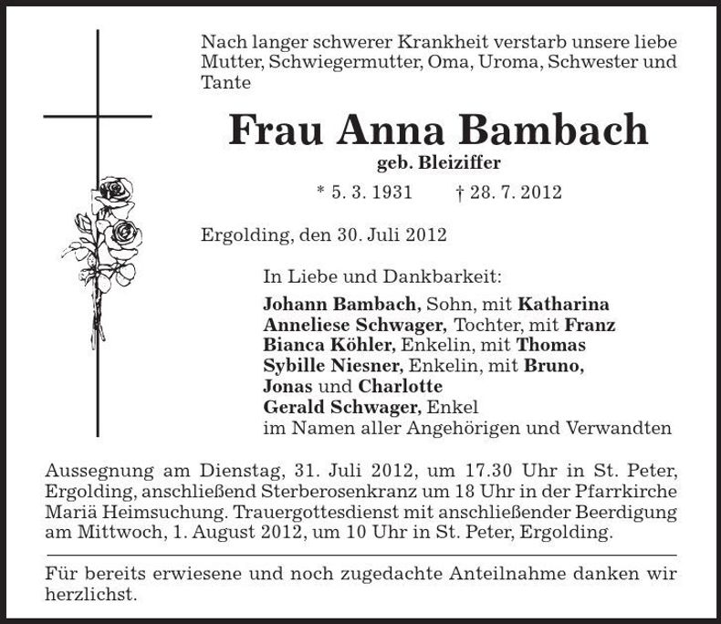Traueranzeige Anna Bambach