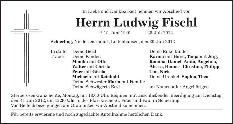 Traueranzeige Ludwig Fischl