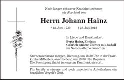 Traueranzeige Johann Hainz